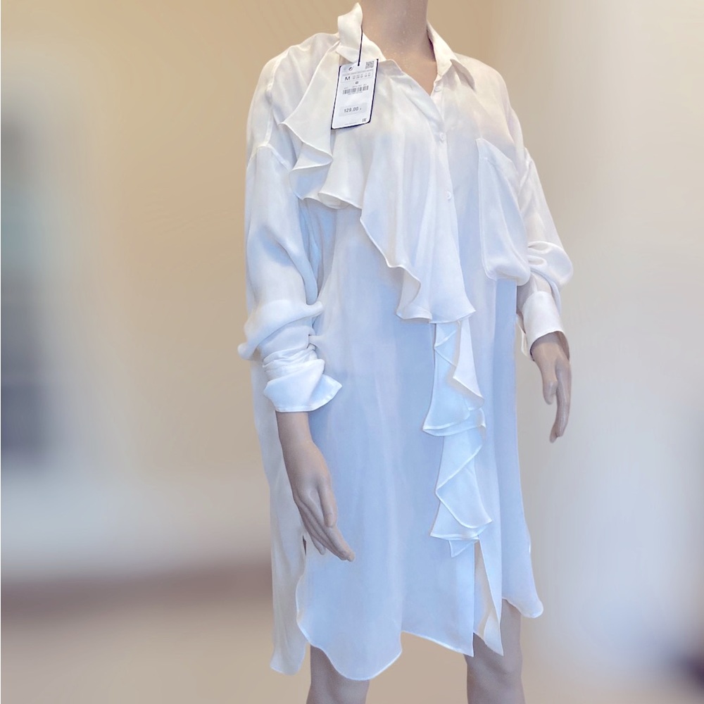 BNWT Zara White Tunic button down with frills Sz M Women 100% mulberry silk